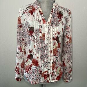 Abercrombie & Fitch Women's White Floral Pleated Front Button Up Blouse Size M
